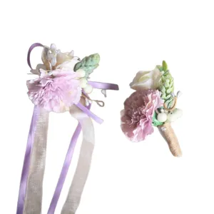 Rustic artificial flower corsage and boutonniere set for wedding, pink accessories.