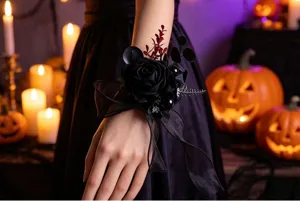 Corsage de poignet de rose artificielle noire gothique mariage fête bracelet accessoire