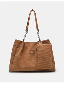 Braune Cord Shopper Tasche mit Kosmetiktasche, modische Umhängetasche für Damen groß.