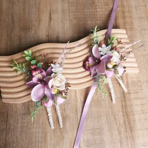 Forest style purple artificial flower wrist corsage and boutonniere set for wedding party decor.