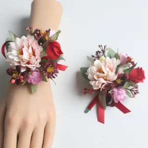 Künstliche Blumen Handgelenk Corsage und passende Ansteckblume für Hochzeitsbraut.