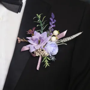 Boutonniere de mariage violette élégante fleur de simulation revers de costume accessoire