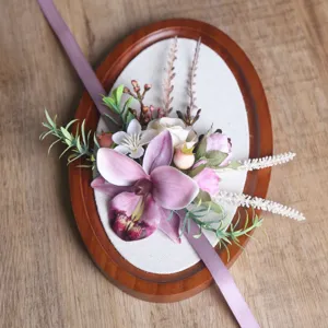 Forest style pink purple wedding corsage wrist flower bridal groom floral wooden base decor