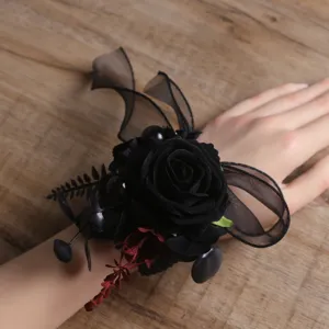 Corsage de poignet de rose noire gothique fleur artificielle pour mariage et fête