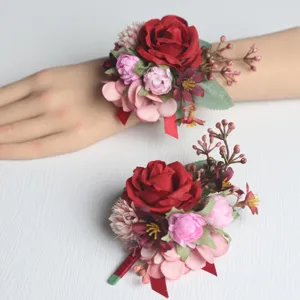 Künstliche Blumen Hochzeits Handgelenk Korsage Set rote Rose rosa Seide Blume Dekor