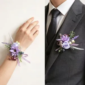 Ensemble de corsage et boutonnière de mariage en fleurs artificielles violettes pour marié