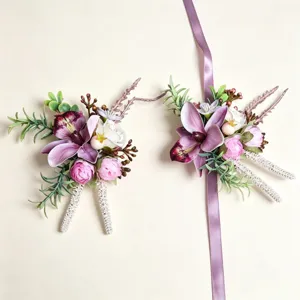 Forest Style Pink Purple Artificial Silk Flower Corsage And Wrist Corsage Set For Wedding Party Celebration Guest Bride Groom