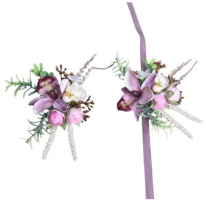 Forest style purple artificial wedding wrist flower and corsage set for bride and groom celebration.