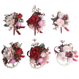 Künstliche rote und rosa Rosen Corsage und Armband Set für Hochzeitsdekoration.