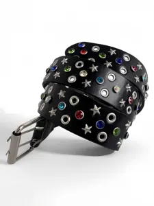 Detail shot of a black leather punk rhinestone star grommet fashion belt with metal buckle.
