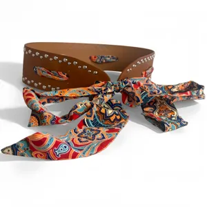 Women Wide PU Leather Belt With Colorful Paisley Scarf And Metal Rivets Casual Punk Style Fashion Waist Belt