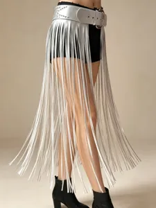 Punk style silver metallic rivet fringe waist belt detail shot showing long hanging straps.