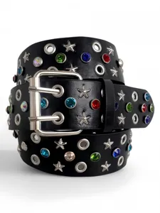 Black leather fashion belt featuring sparkling colorful rhinestones, star studs and grommets.