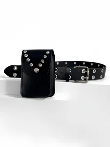 Black faux leather belt with metal eyelets double pin buckle and rhinestone pouch for women