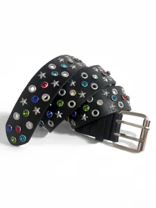 Punk Y2K black leather belt featuring colorful rhinestones, star studs and silver metal grommets.