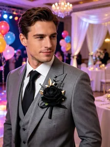 Elegante schwarz-goldene Rosen-Ansteckblume für Herren, ideal für Hochzeiten, Partys und Events.