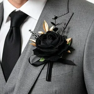 Schwarz Gold Künstliche Rose Ansteckblume Handgelenk Korsage Hochzeit Party Bräutigam Anzug Blume Dunkler Stil Stoff Floral Dekor