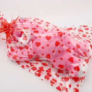 Cute pink plush toy bear inside transparent heart printed gift bag with red ribbon.