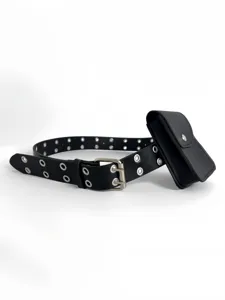Black faux leather double grommet belt with small pouch, metal buckle, stylish waist accessory.