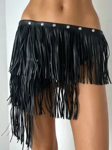 Black leather fringe belt with metal studs, punk style waist accessory for stage and fashion.