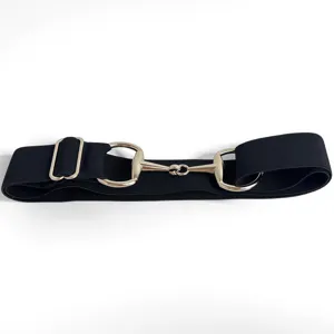 Detail shot of black elastic stretch belt with chic gold horsebit buckle for modern women.