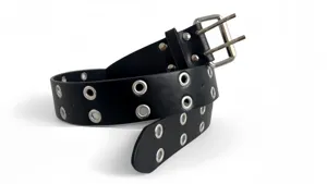 Black double grommet PU leather belt with metal double prong buckle fashion waist accessory