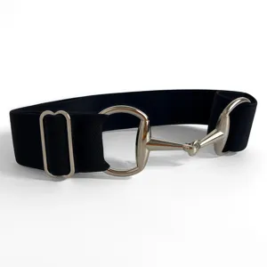Detail view of a black elastic waist belt featuring a silver-toned horsebit metal buckle.