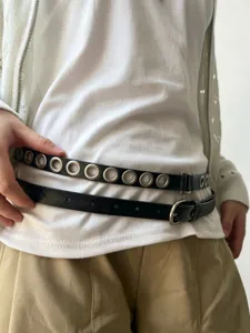 Koreaanse modeblogger stijl dubbellaags metalen oogje zwart PU lederen tailleriem accessoire