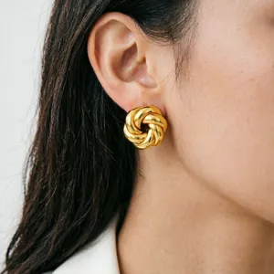 Vintage gold knot stud earrings, elegant stainless steel chic designer jewelry for women.