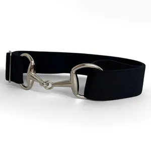 Elastic waist belt with metal horsebit buckle, black stretch fabric for women and men.