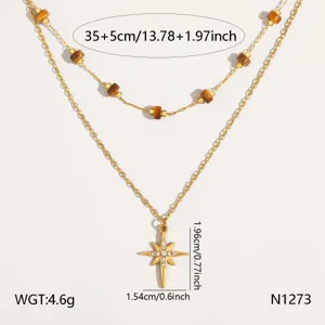 Stainless steel double layer necklace with star pendant and brown beads for women.