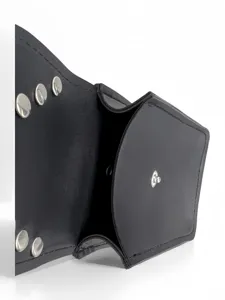 Black faux leather belt pouch detail, metal snap button closure, durable stitching accessory.