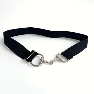 Black elastic waist belt with silver tone horsebit metal buckle for men and women stylish.