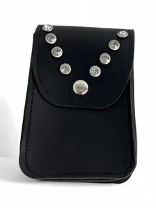 Black faux leather mini bag featuring secure snap button closure and sparkling rhinestone details.