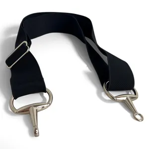 Black elastic waist belt with metal horsebit buckles and adjustable slider for women.