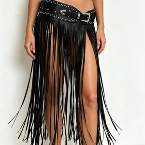 Punk style black leather studded fringe belt waist skirt with metallic hardware decorations.