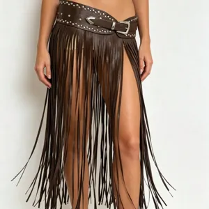 Punk style brown leather fringe belt skirt with metal studs and vintage silver buckle accessory.