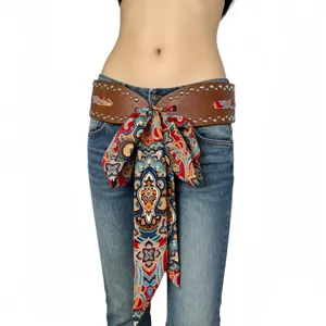 Wide leather studded waist belt with colorful paisley scarf tie for women fashion accessories
