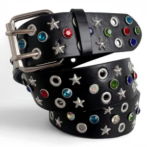 Punk style black leather belt featuring colorful rhinestones, metal stars, and eyelet studs.