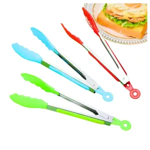 Colorful silicone food tongs stainless steel kitchen BBQ bread clips for home use.