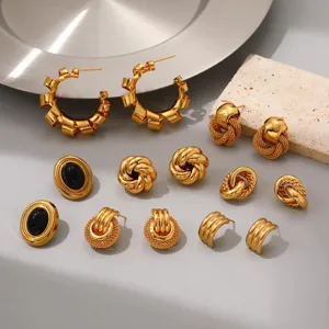 Gold stainless steel vintage hoop earrings set minimalist chic jewelry details view