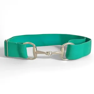 Green elastic belt detail showing the silver horsebit metal buckle and textured fabric.