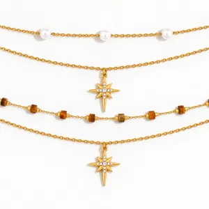 304 Stainless Steel Layered Octagram Necklace Zircon Artificial Pearl Pendant Fashion Jewelry For Women