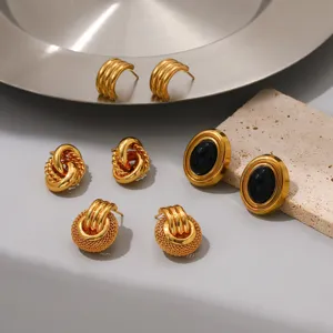 Vintage 18k gold plated stainless steel earrings set, chic retro luxury fashion jewelry.