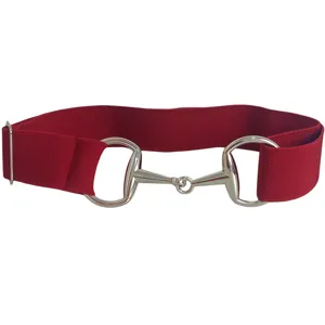 Classic red elastic waist belt featuring a stylish silver-toned metal horsebit buckle for women.