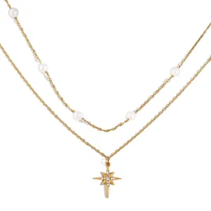 Double Layer Pearl Necklace with Crystal North Star Pendant Elegant Gold Chain Jewelry Women