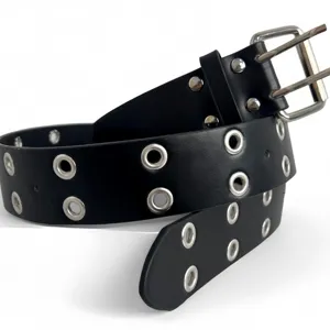 Black faux leather double grommet belt with metal double prong buckle for women men fashion.