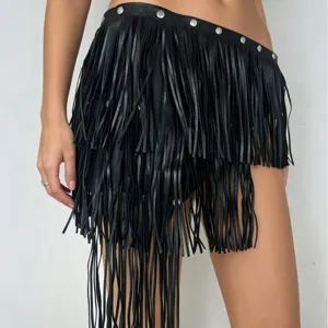 Black tiered fringe belt punk rivet waist chain stylish stage performance clothing accessory