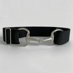 Detail view of black elastic stretch belt featuring a silver tone horsebit buckle.
