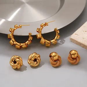 Gold stainless steel vintage earrings set, chic designer twisted knot jewelry for women.
